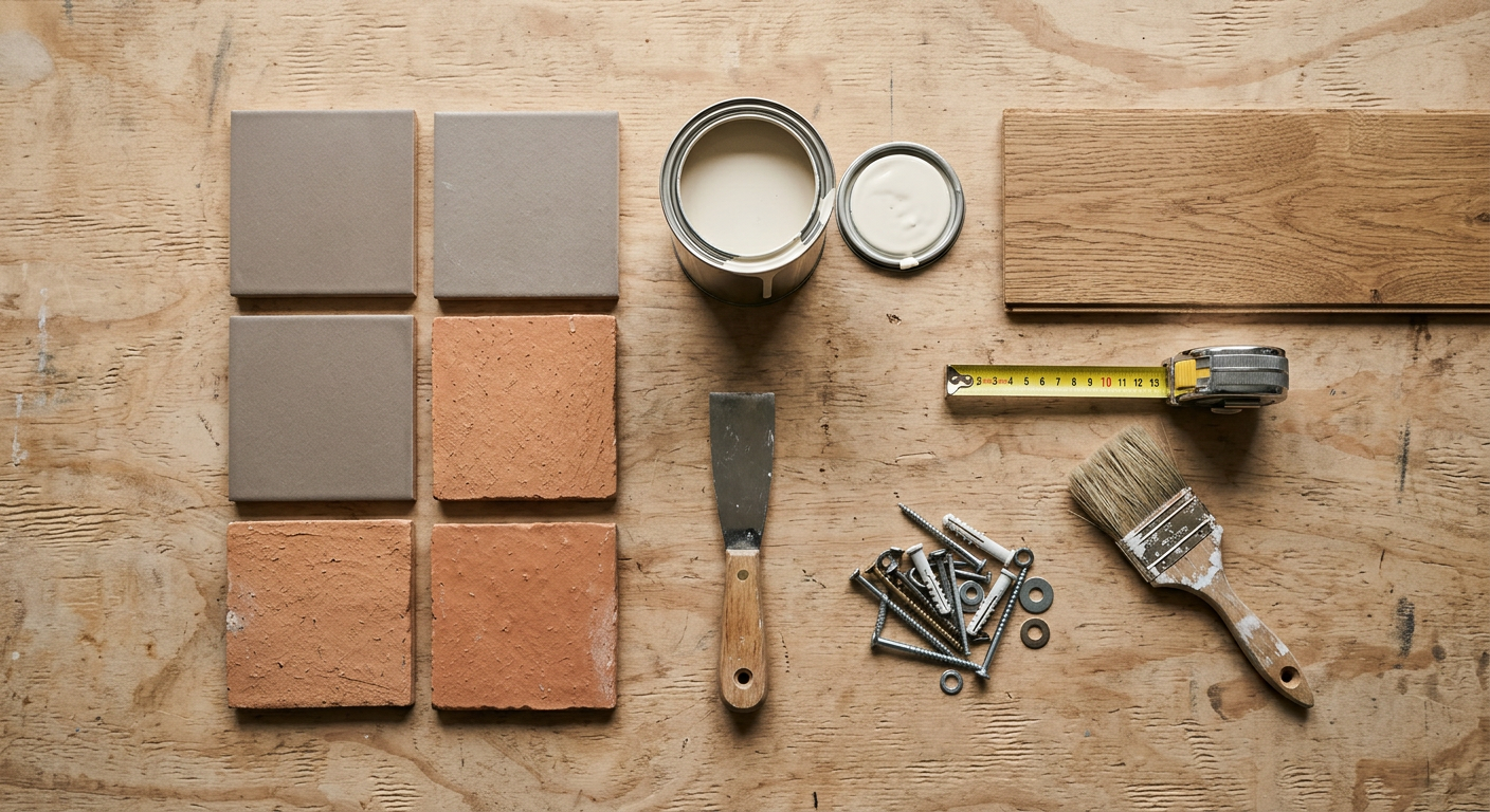 Carrelage, peinture, bois et outillage pour une rénovation de salle de bain