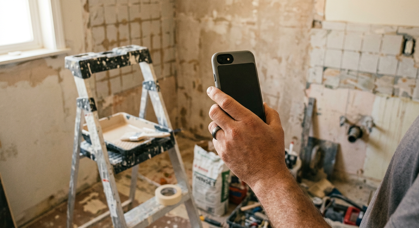 Un particulier photographie une pièce en travaux avec son téléphone